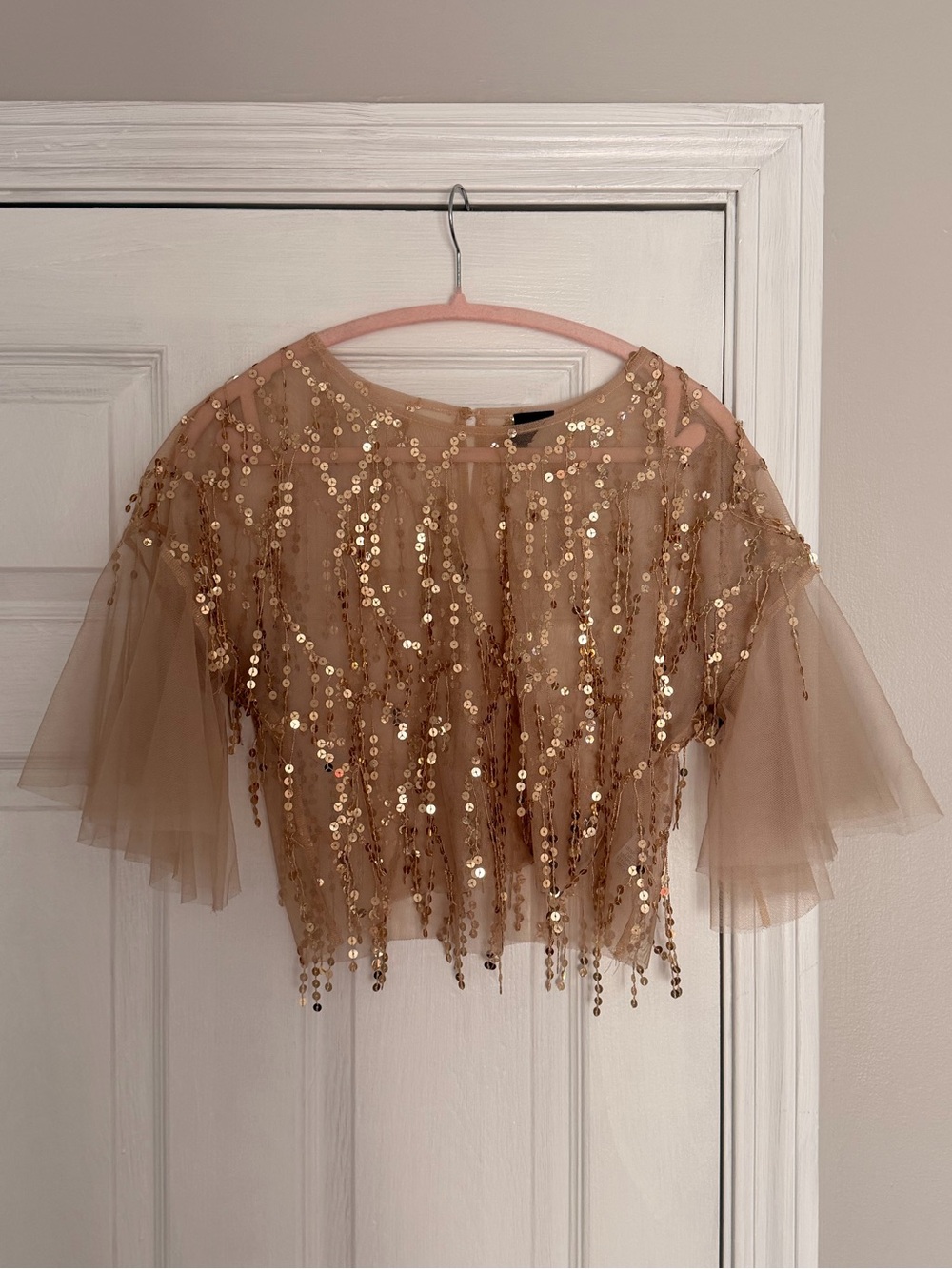 NUDE Gold Sequin Tulle Flutter Crop Top